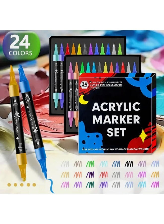 موردلي مجموعة أقلام طلاء أكريليك مكونة من 24 لونًا - برأسين مزدوجين (فرشاة ونقطة) - غير قابلة للتلطخ. - Image 1